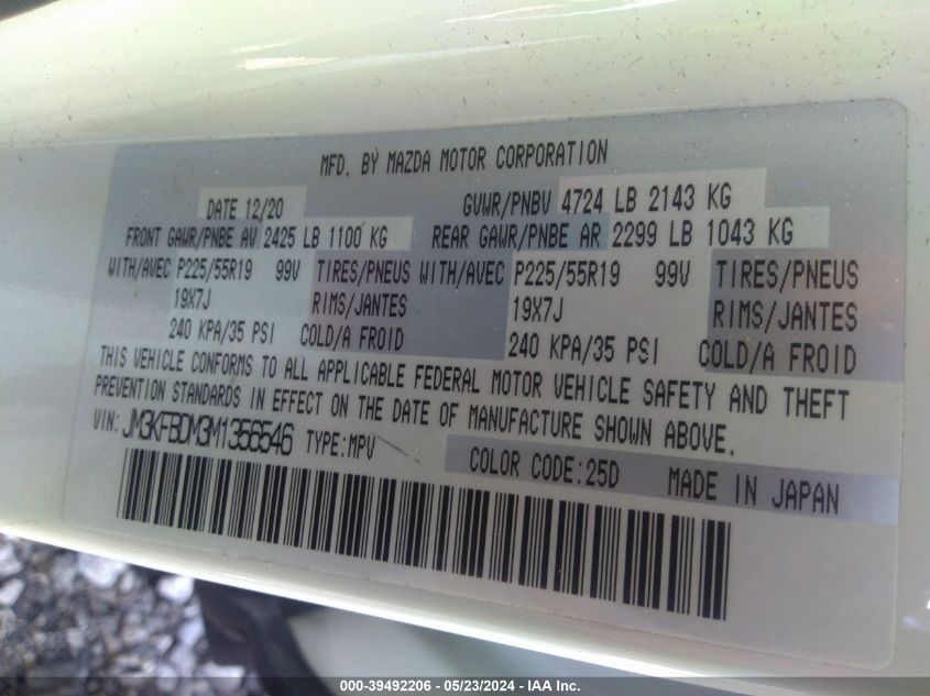 2021 Mazda Cx-5 Grand Touring VIN: JM3KFBDM3M1356546 Lot: 39492206