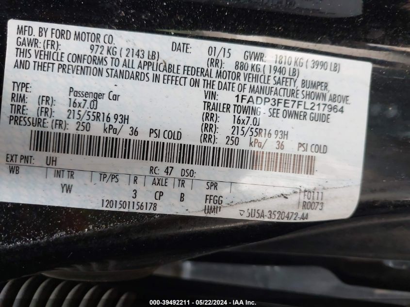 1FADP3FE7FL217964 | 2015 FORD FOCUS