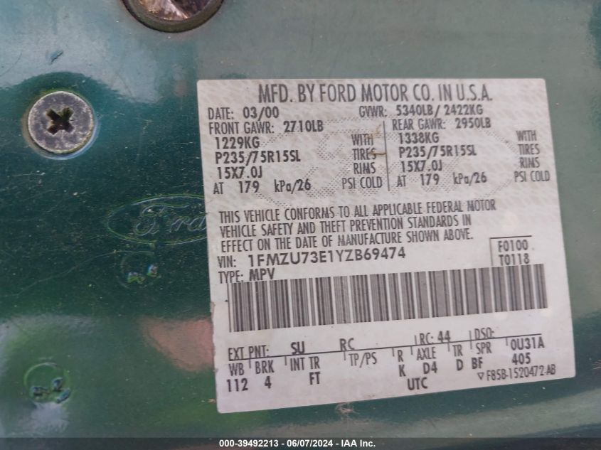 2000 Ford Explorer Xlt VIN: 1FMZU73E1YZB69474 Lot: 39492213