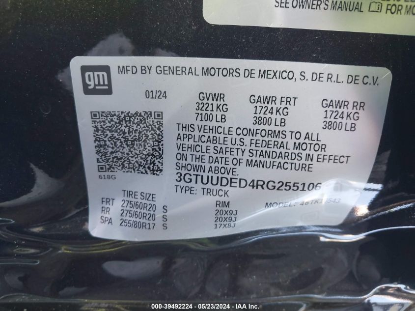 2024 GMC Sierra 1500 Slt VIN: 3GTUUDED4RG255106 Lot: 39492224