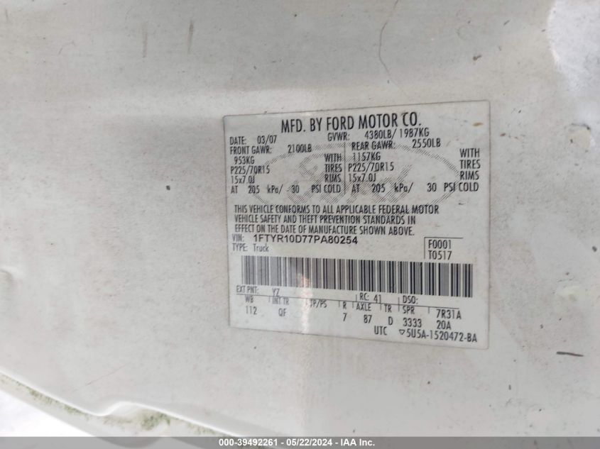 2007 Ford Ranger Stx/Xl/Xlt VIN: 1FTYR10D77PA80254 Lot: 39492261