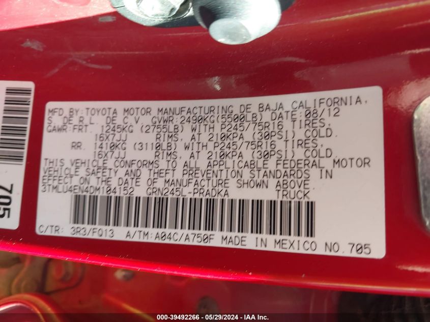 2013 Toyota Tacoma Base V6 VIN: 3TMLU4EN4DM104152 Lot: 39492266