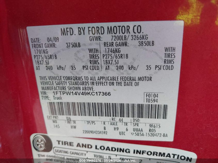 2009 Ford F150 Supercrew VIN: 1FTPW14V49KC17366 Lot: 39492276