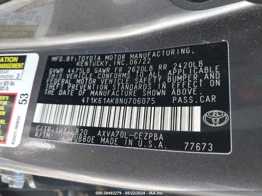 2022 Toyota Camry Xse VIN: 4T1K61AK8NU706075 Lot: 39492279