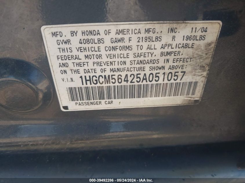 2005 Honda Accord 2.4 Lx VIN: 1HGCM56425A051057 Lot: 39492286