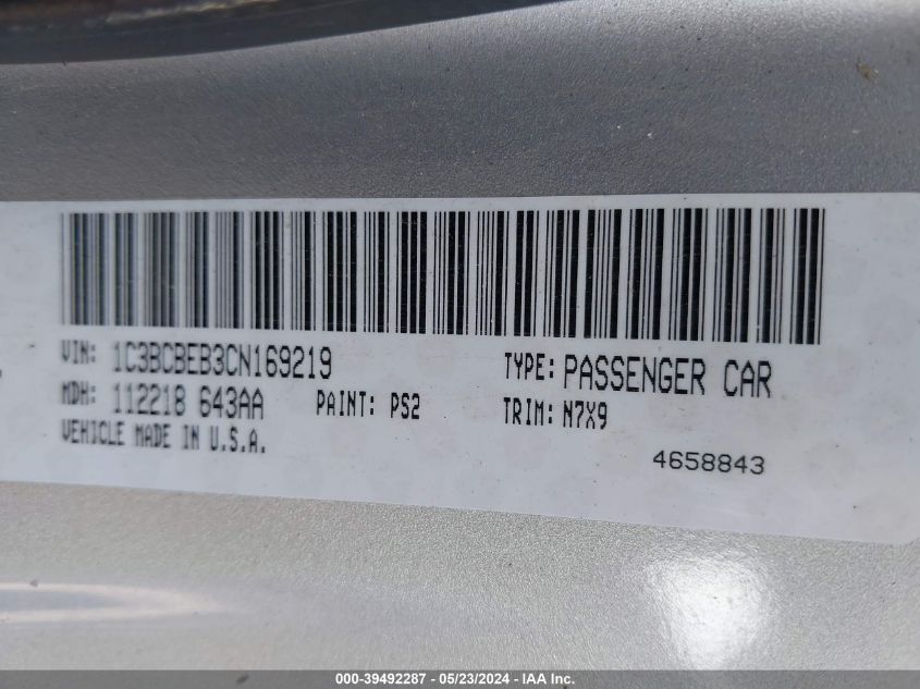 2012 Chrysler 200 Touring VIN: 1C3BCBEB3CN169219 Lot: 39492287