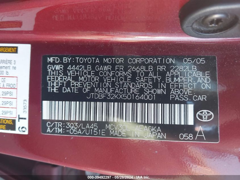 2005 Toyota Camry Xle V6 VIN: JTDBF32KX50164001 Lot: 39492297