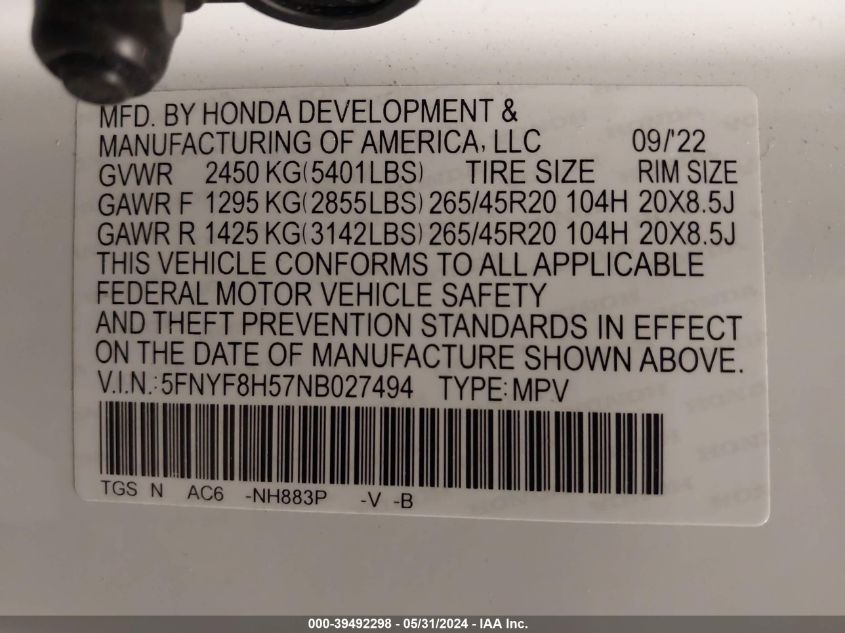 5FNYF8H57NB027494 2022 Honda Passport Awd Ex-L