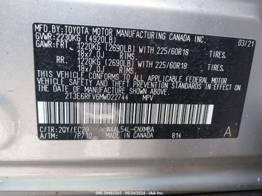 2021 Toyota Rav4 Xse VIN: 2T3E6RFV6MW022744 Lot: 39492303