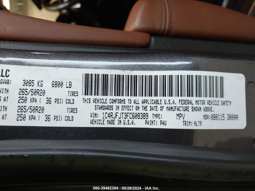 2015 Jeep Grand Cherokee Summit VIN: 1C4RJFJT3FC608389 Lot: 39492304