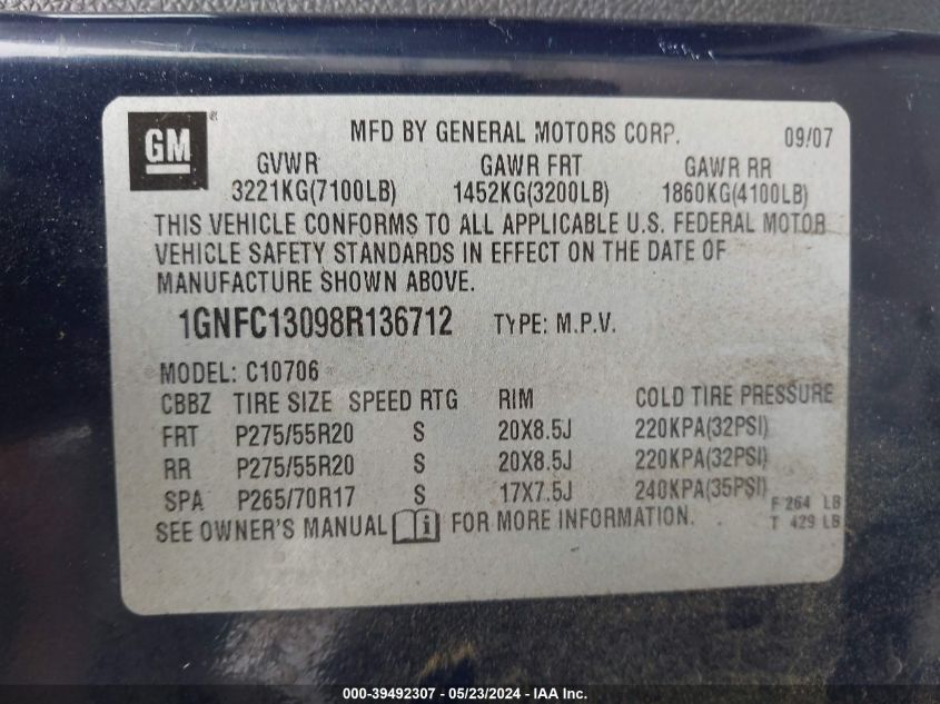 2008 Chevrolet Tahoe Ltz VIN: 1GNFC13098R136712 Lot: 39492307