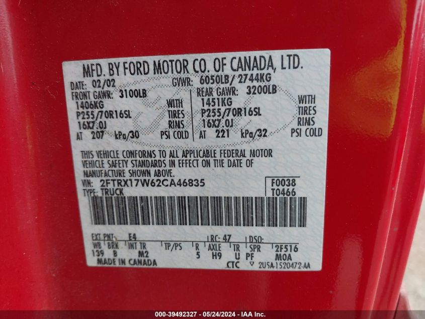 2002 Ford F-150 Lariat/Xl/Xlt VIN: 2FTRX17W62CA46835 Lot: 39492327