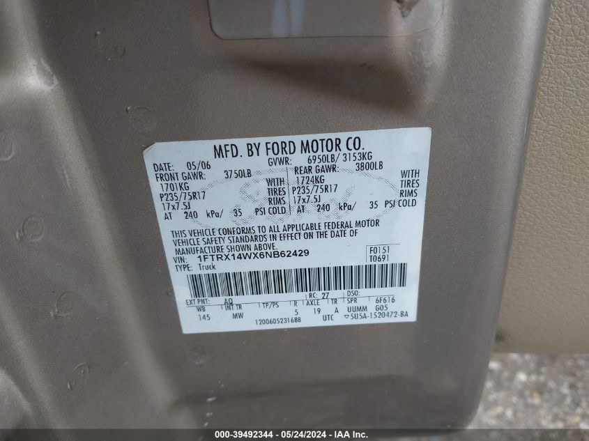 2006 Ford F-150 Stx/Xl/Xlt VIN: 1FTRX14WX6NB62429 Lot: 39492344