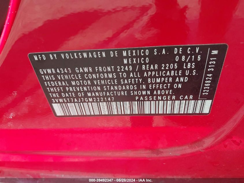 2016 Volkswagen Jetta 2.0T Gli Sel VIN: 3VW5T7AJ7GM222147 Lot: 39492347
