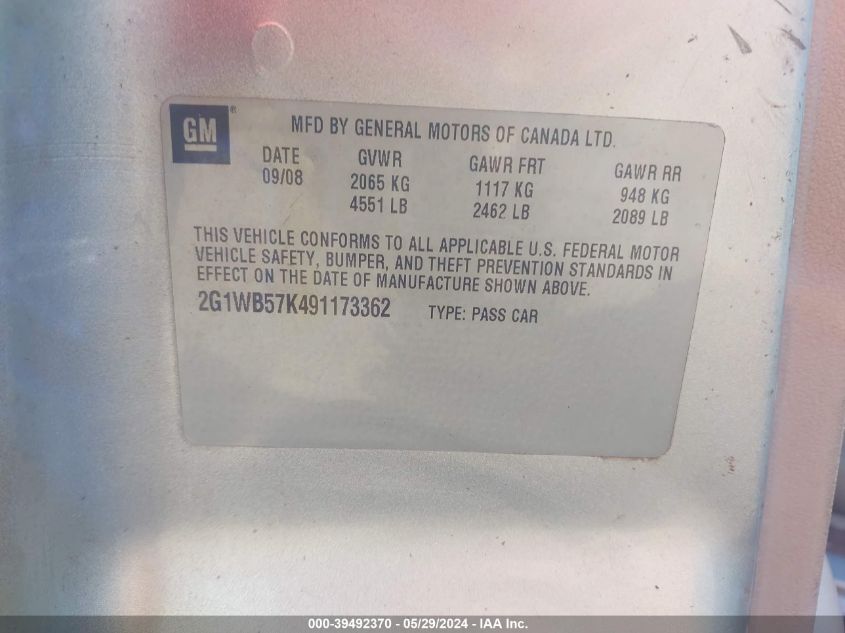 2009 Chevrolet Impala Ls VIN: 2G1WB57K491173362 Lot: 39492370