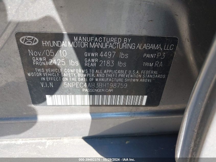 2011 Hyundai Sonata Se 2.0T VIN: 5NPEC4AB3BH198759 Lot: 39492376