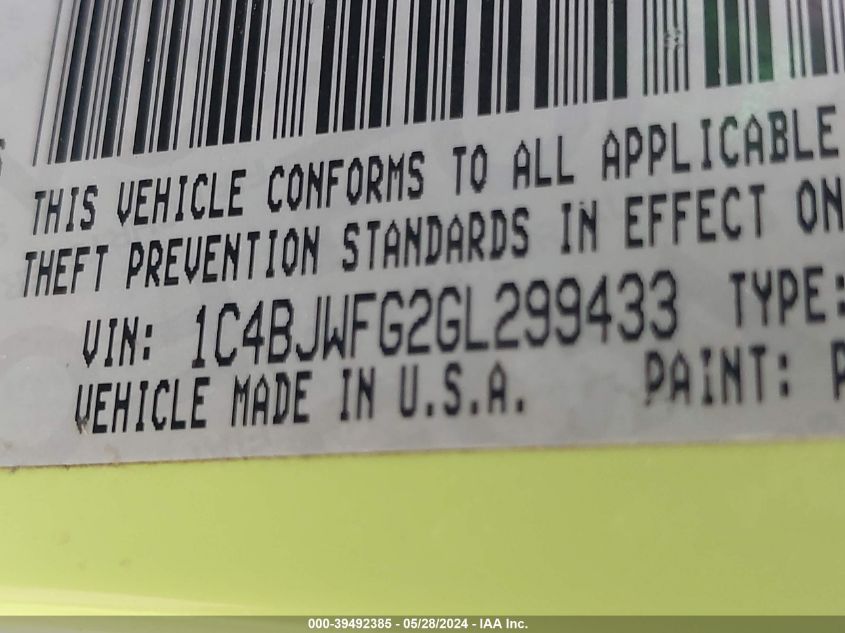 2016 Jeep Wrangler Unlimited Rubicon VIN: 1C4BJWFG2GL299433 Lot: 39492385