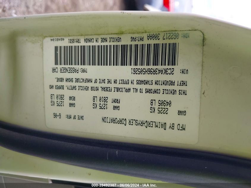 2006 Chrysler 300 VIN: 2C3KA43R96H505261 Lot: 39492387