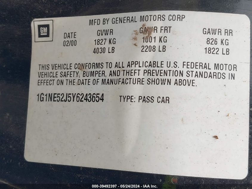 2000 Chevrolet Malibu Ls VIN: 1G1NE52J5Y6243654 Lot: 39492397