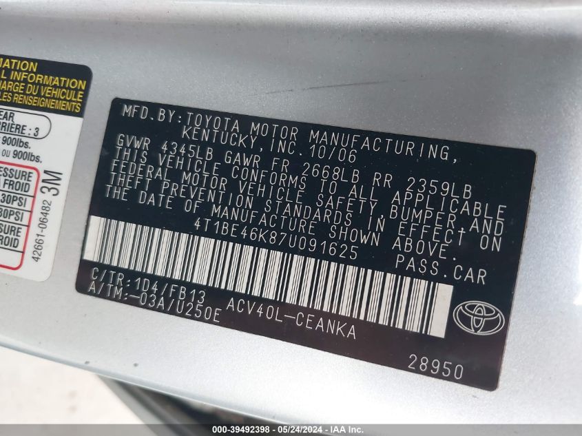 2007 Toyota Camry Le VIN: 4T1BE46K87U091625 Lot: 39492398