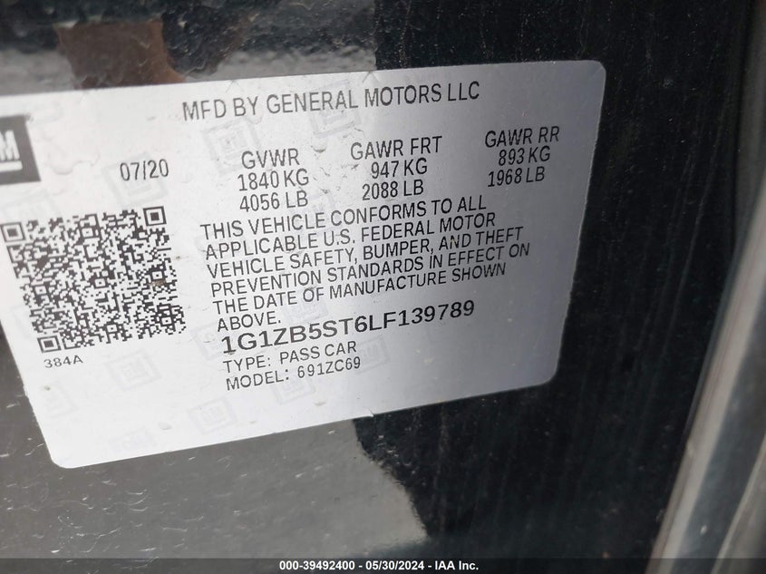 2020 Chevrolet Malibu Fwd Ls VIN: 1G1ZB5ST6LF139789 Lot: 39492400