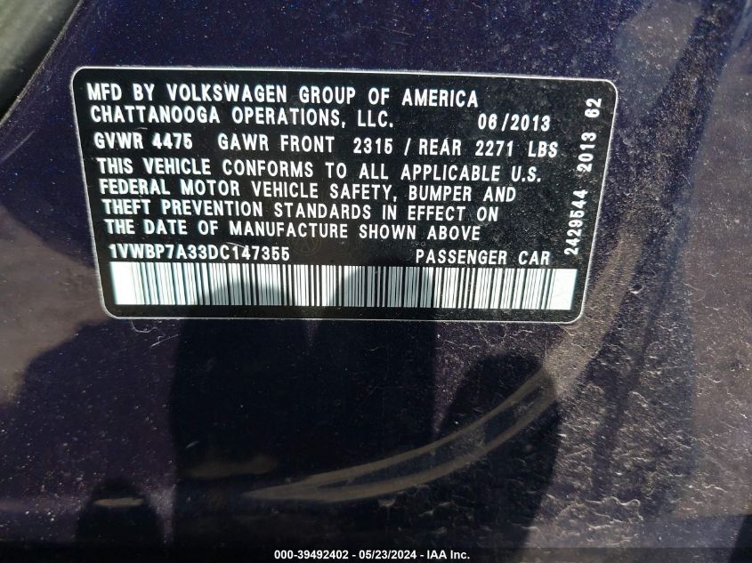 2013 Volkswagen Passat 2.5L Se VIN: 1VWBP7A33DC147355 Lot: 39492402