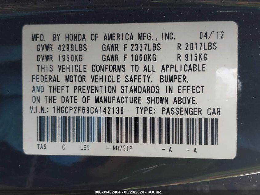 2012 Honda Accord 2.4 Se VIN: 1HGCP2F69CA142136 Lot: 39492404