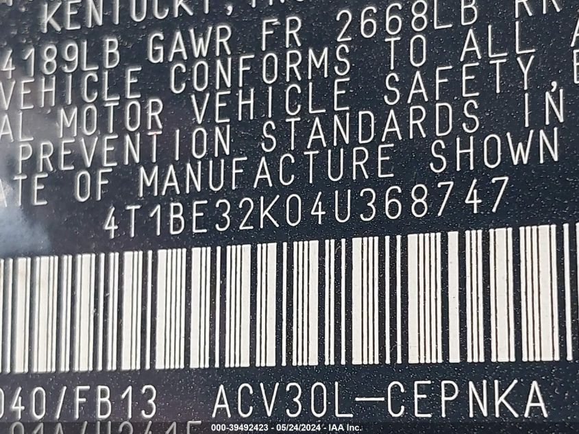 2004 Toyota Camry Le VIN: 4T1BE32K04U368747 Lot: 39492423