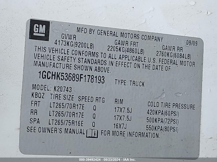 2009 Chevrolet Silverado 2500Hd Lt VIN: 1GCHK53689F178193 Lot: 39492424