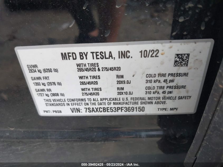 2023 Tesla Model X Dual Motor All-Wheel Drive/Standard Range VIN: 7SAXCBE53PF369150 Lot: 39492425