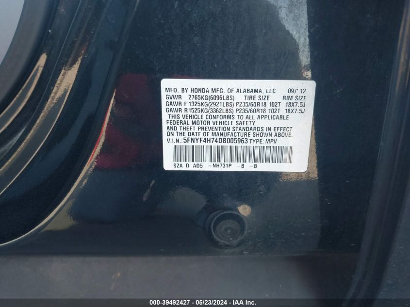 2013 Honda Pilot Ex-L VIN: 5FNYF4H74DB005963 Lot: 39492427