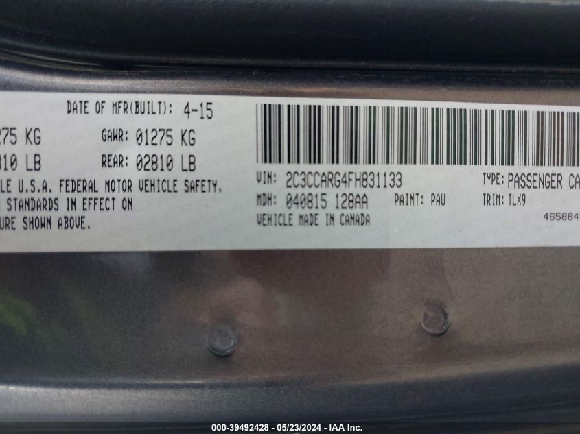 2015 Chrysler 300 Limited VIN: 2C3CCARG4FH831133 Lot: 39492428