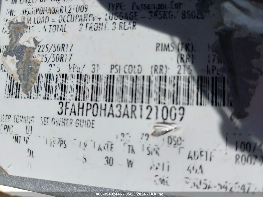 2010 Ford Fusion Se VIN: 3FAHP0HA3AR121009 Lot: 39492446