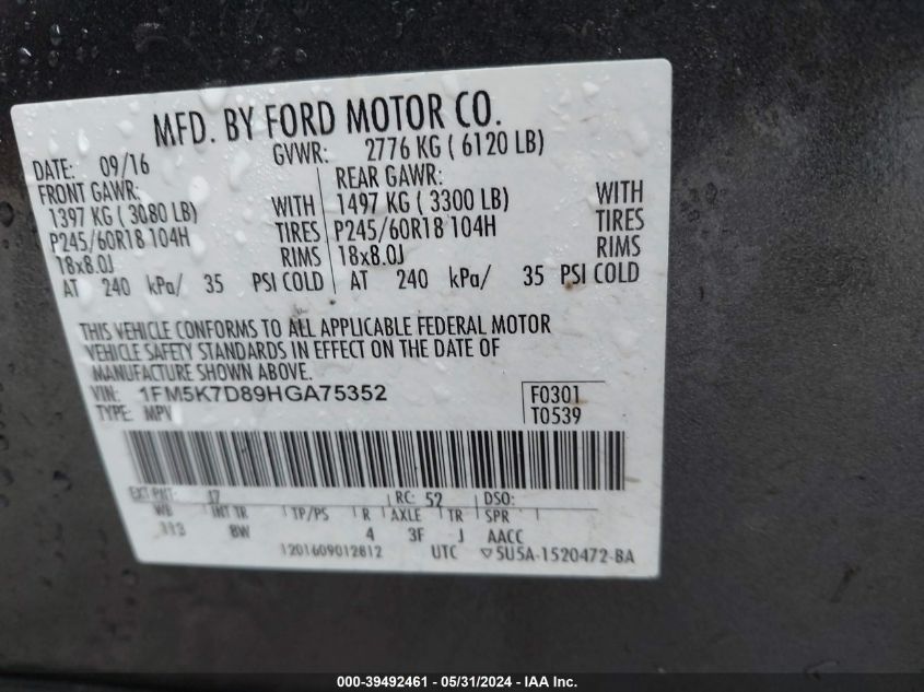 2017 Ford Explorer Xlt VIN: 1FM5K7D89HGA75352 Lot: 39492461