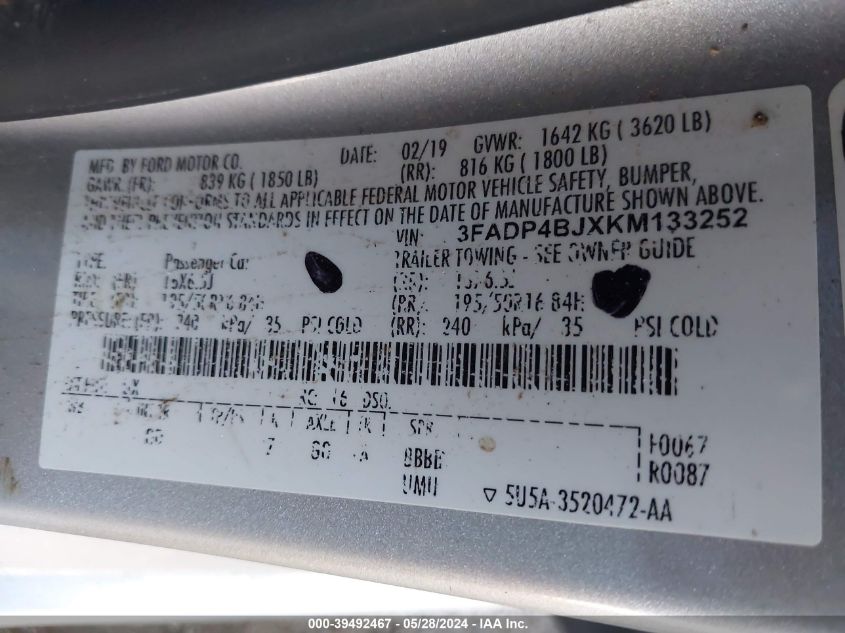 2019 Ford Fiesta Se VIN: 3FADP4BJXKM133252 Lot: 39492467