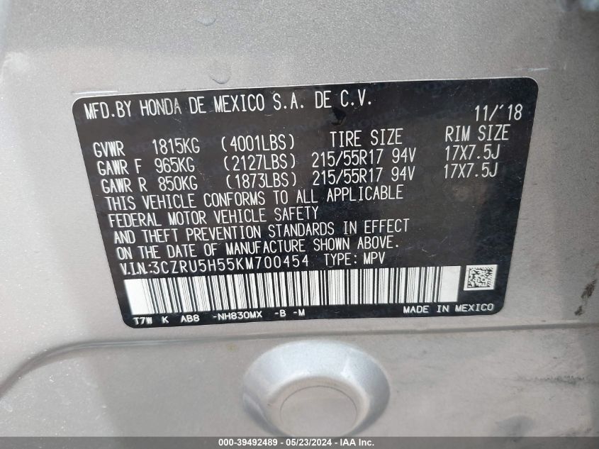 2019 HONDA HR-V EX - 3CZRU5H55KM700454