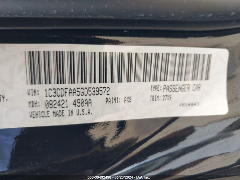 2016 Dodge Dart Se VIN: 1C3CDFAA5GD539572 Lot: 39492496