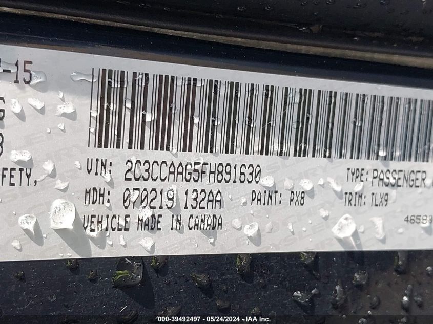 2015 Chrysler 300 Limited VIN: 2C3CCAAG5FH891630 Lot: 39492497