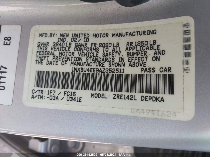 2010 Toyota Corolla Le VIN: 1NXBU4EE9AZ352511 Lot: 39492502