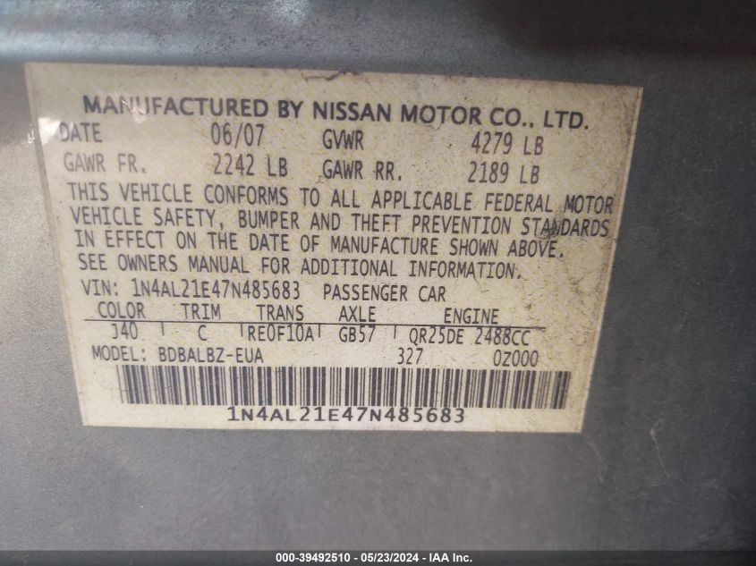 2007 Nissan Altima 2.5 S VIN: 1N4AL21E47N485683 Lot: 39492510