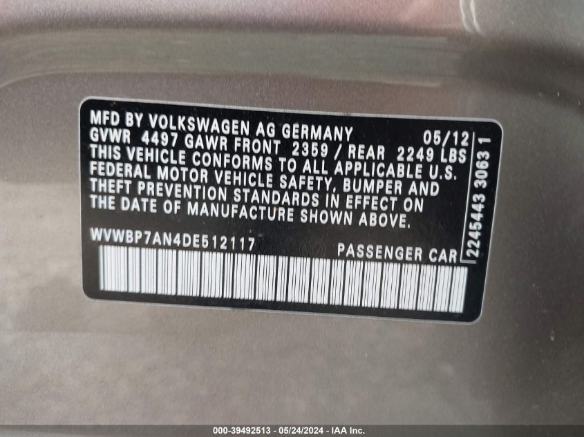 2013 VOLKSWAGEN CC VIN: WVWBP7AN4DE512117
