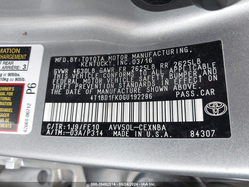 2016 Toyota Camry Hybrid Le VIN: 4T1BD1FK0GU192286 Lot: 39492514