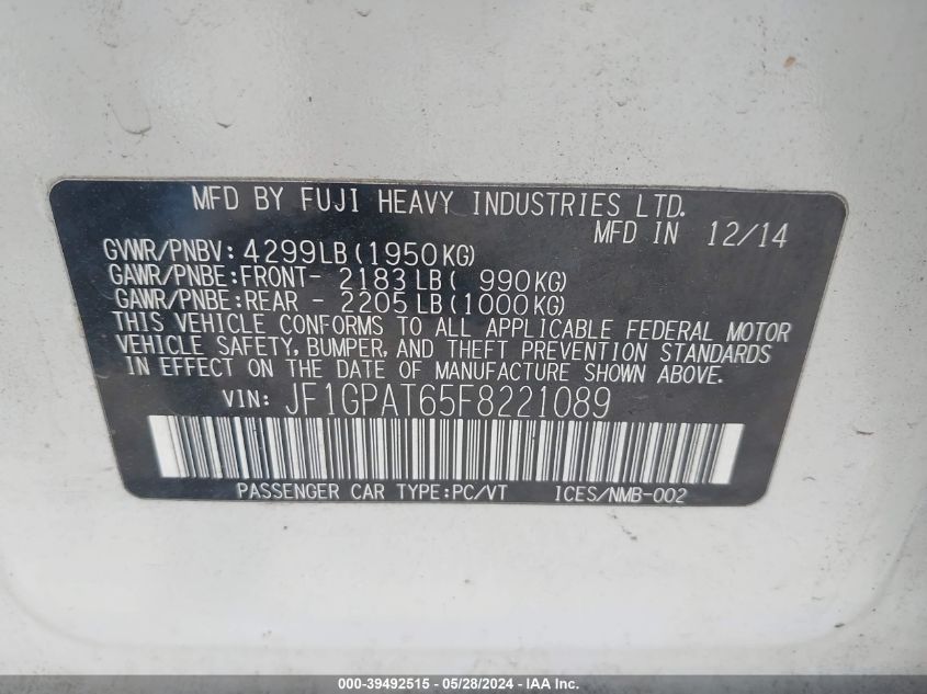 2015 Subaru Impreza 2.0I Sport Premium VIN: JF1GPAT65F8221089 Lot: 39492515