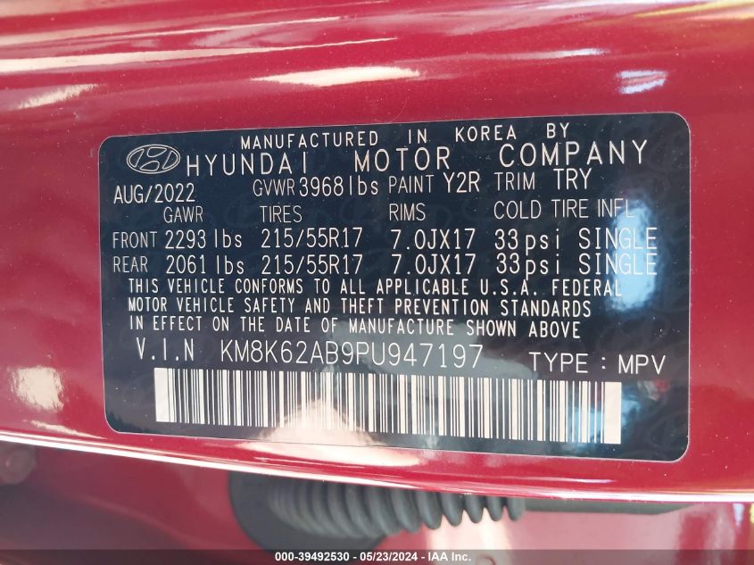 2023 Hyundai Kona Sel VIN: KM8K62AB9PU947197 Lot: 39492530