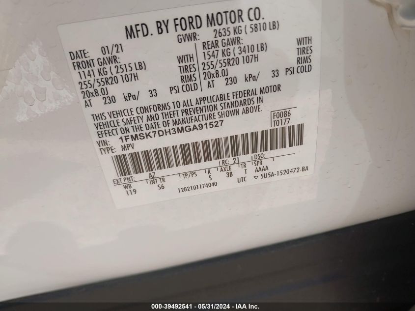 2021 Ford Explorer Xlt VIN: 1FMSK7DH3MGA91527 Lot: 39492541