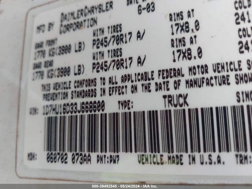 2003 Dodge Ram 1500 St/Slt VIN: 1D7HU16D33J668600 Lot: 39492545