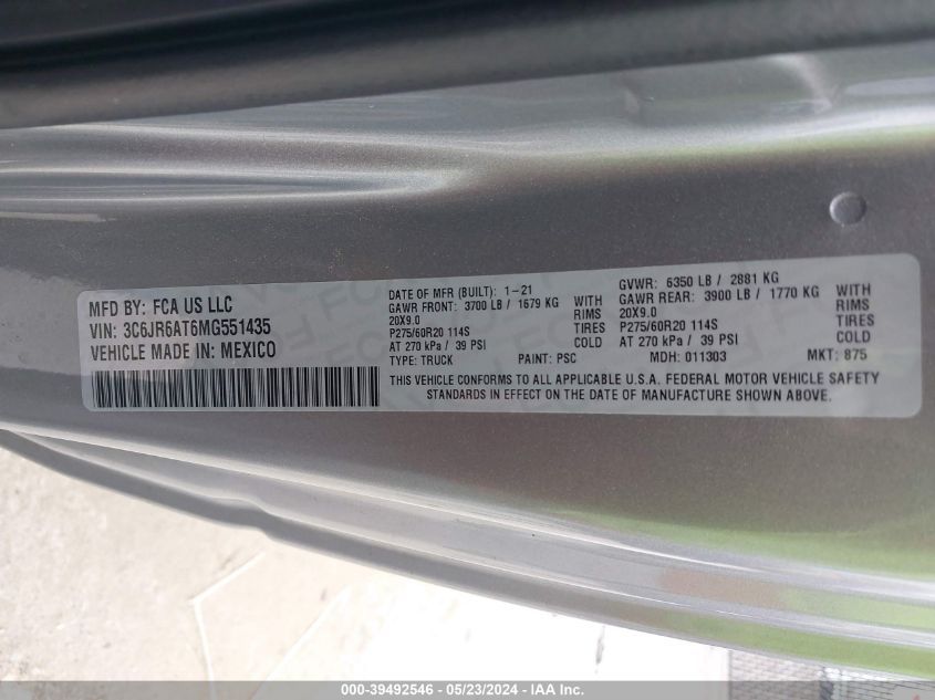 2021 Ram 1500 Classic Express Regular Cab 4X2 6'4 Box VIN: 3C6JR6AT6MG551435 Lot: 39492546