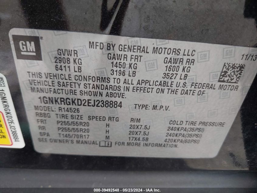 2014 Chevrolet Traverse 1Lt VIN: 1GNKRGKD2EJ238884 Lot: 39492548