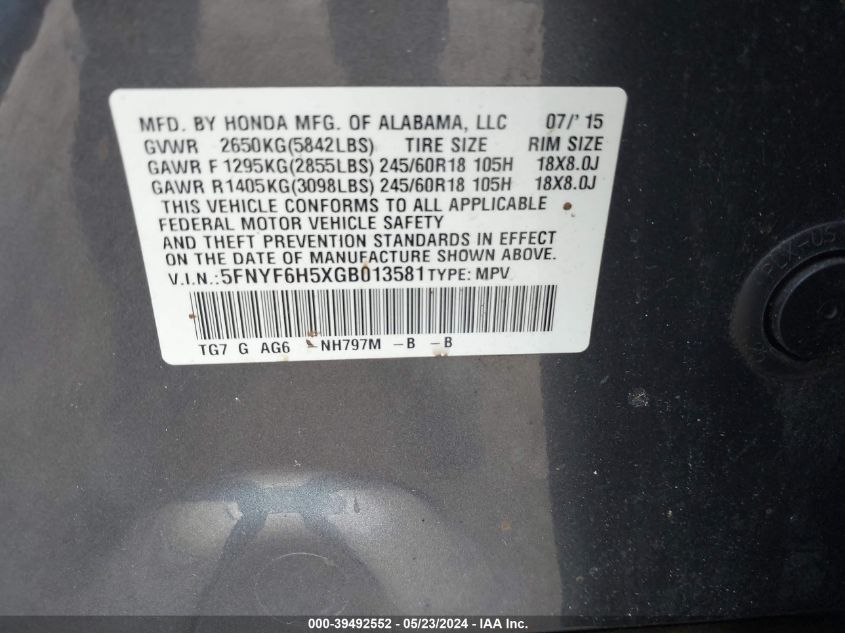 2016 Honda Pilot Ex-L VIN: 5FNYF6H5XGB013581 Lot: 39492552