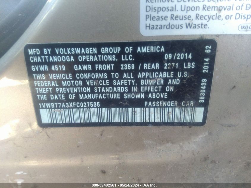 2015 Volkswagen Passat 1.8T Se VIN: 1VWBT7A3XFC027535 Lot: 39492561
